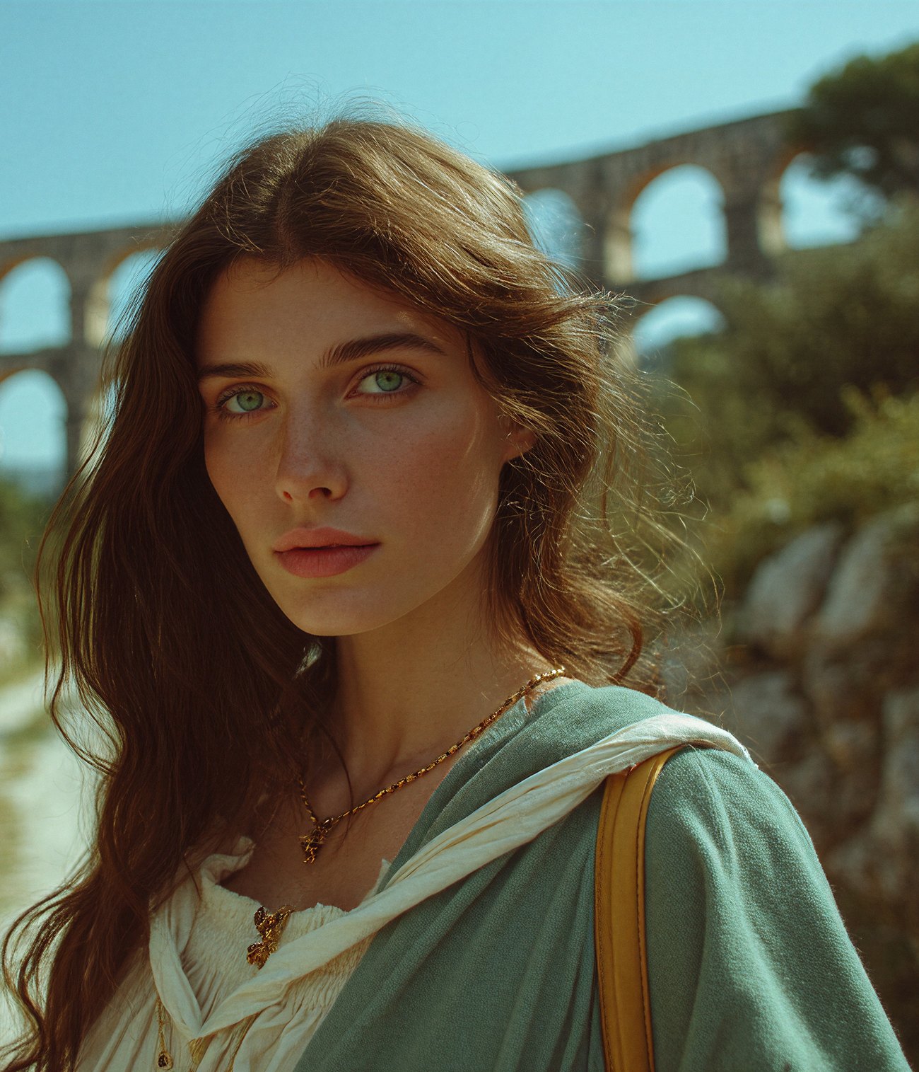 Carla Corvini on a path beside an aqueduct, in a white blouse and a sage cardigan