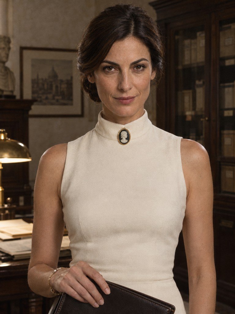 Claudia DeOrsi in a cream dress with a cameo at her throat, one hand on a leather folio
