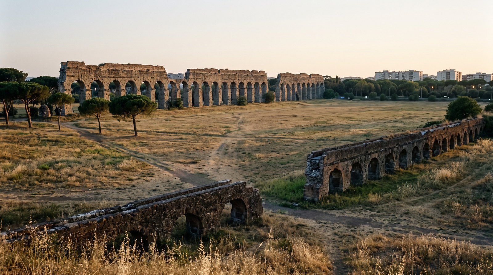 Novel illustration: low broken aqueduct arches cross a summer field, with taller ruined arches and Rome’s buildings beyond.