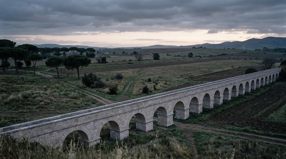 Novel illustration of the Aqua Marcia standing intact in open countryside in 44 BC; the later Claudia arches are absent.