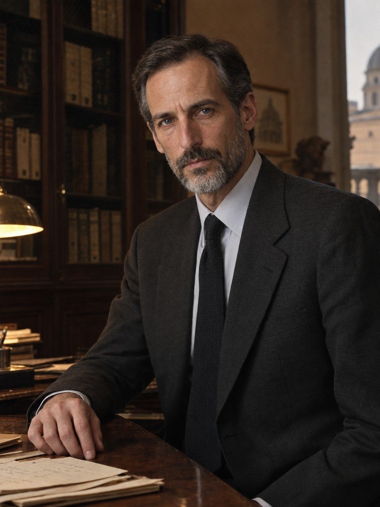Gabriel Castelvecchio at a desk in a private archive, in a charcoal suit, one hand on the papers