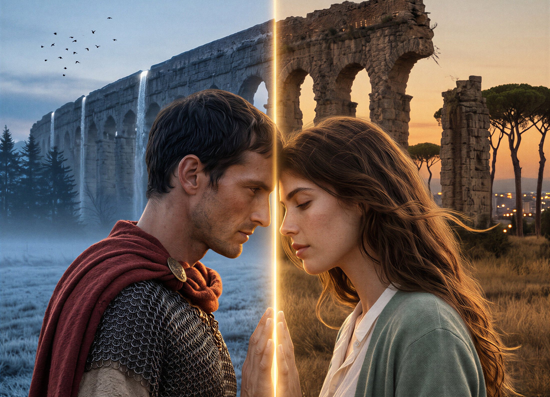 A Roman soldier and a young woman stand forehead to forehead, palms together, on either side of a line of light. Behind him an aqueduct stands whole in a cold dawn; behind her it is a ruin at dusk.