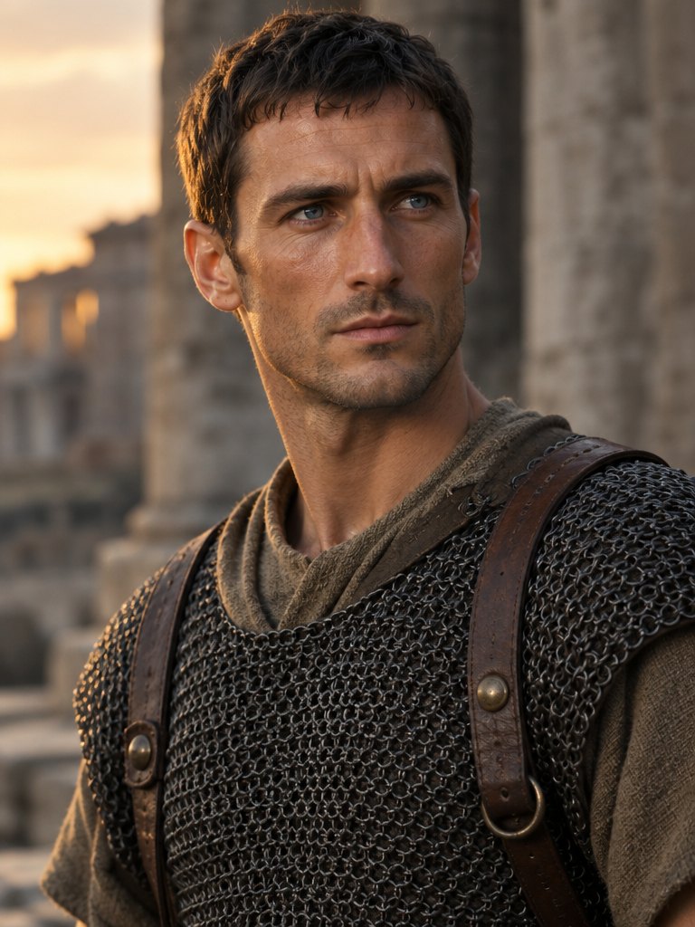 Marcus Sextius in mail, his eyes turned to something beyond the frame